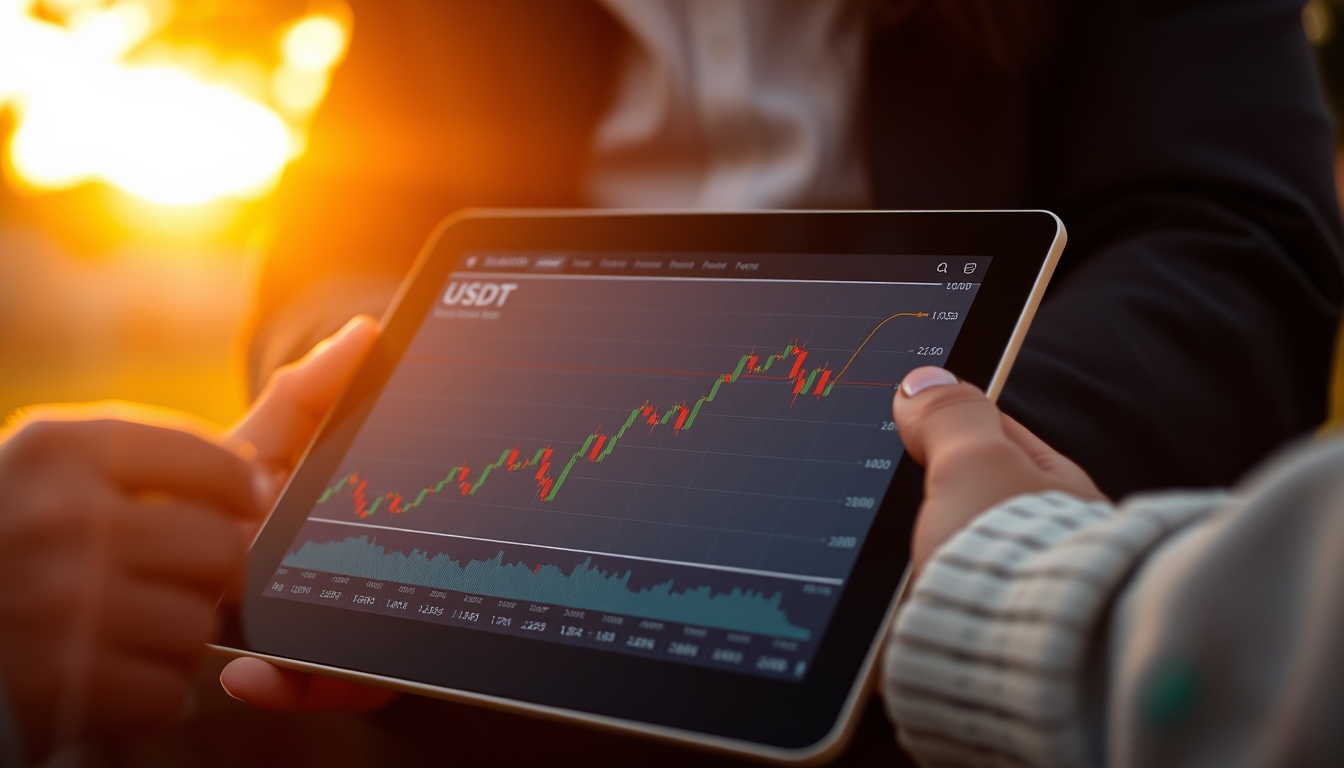 Gráfico da stablecoin usdt em tablet mostrando linha de preço estável em estilo editorial