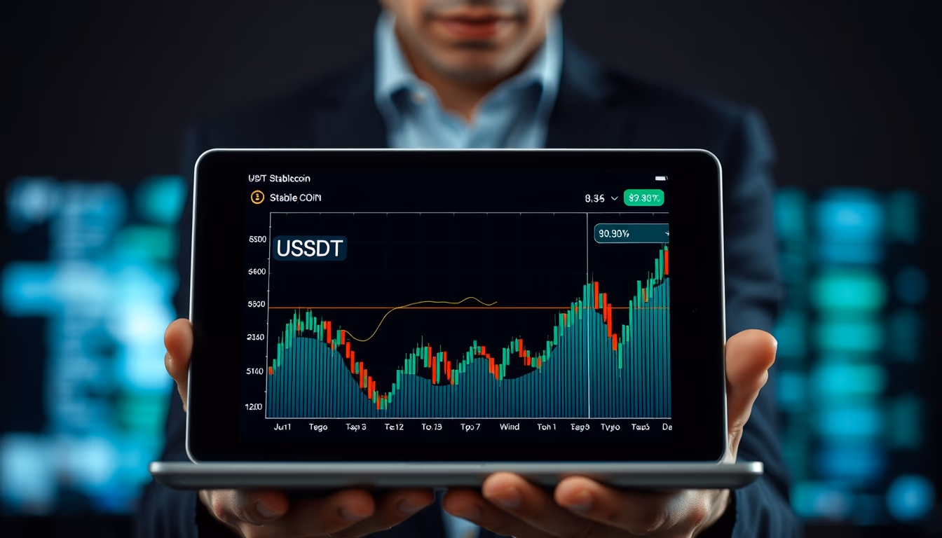 usdt stablecoin chart on tablet showing stable price line in editorial style