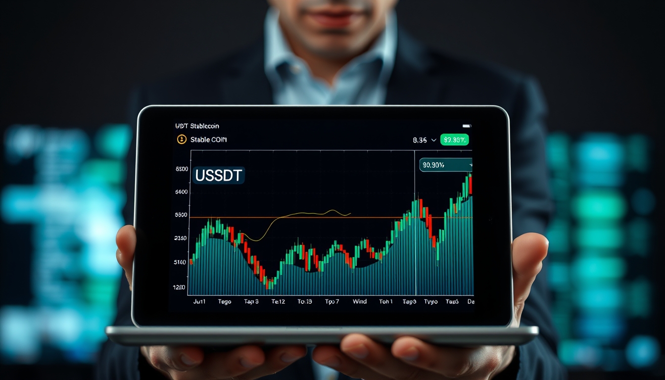 Gráfico da stablecoin usdt em tablet mostrando linha de preço estável em estilo editorial