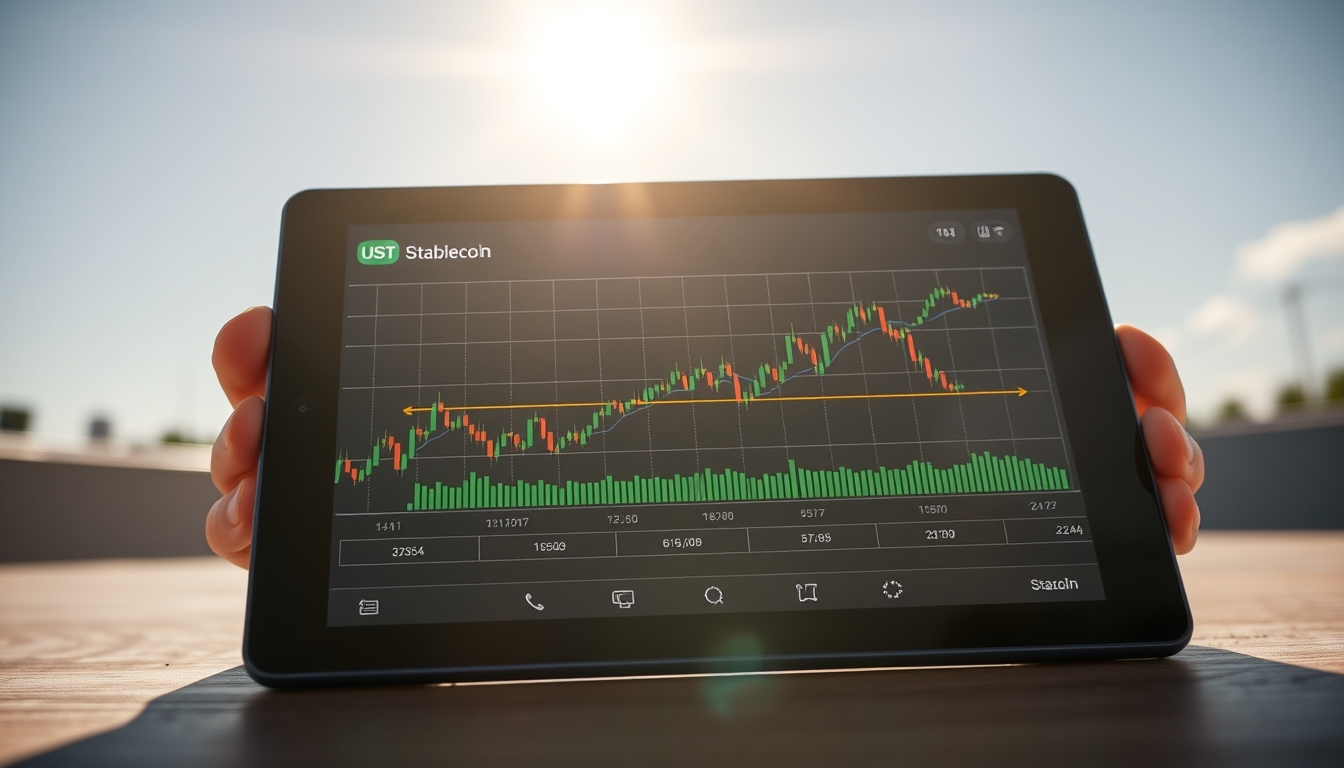 Gráfico da stablecoin usdt em tablet mostrando linha de preço estável em estilo editorial