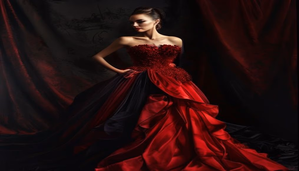 valentino red gown haute couture in luxury editorial photography