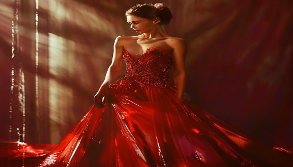 valentino red gown haute couture in luxury editorial photography
