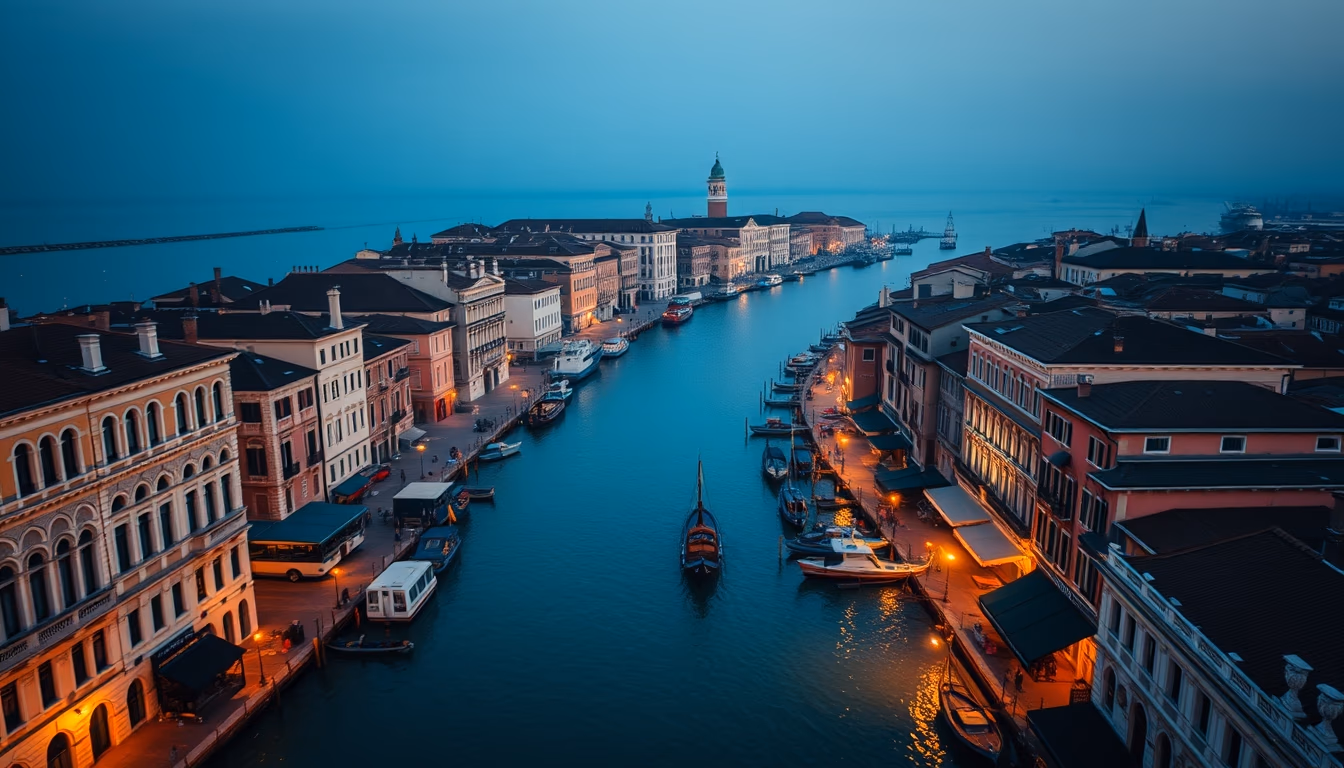 venice canal at golden hour in editorial style
