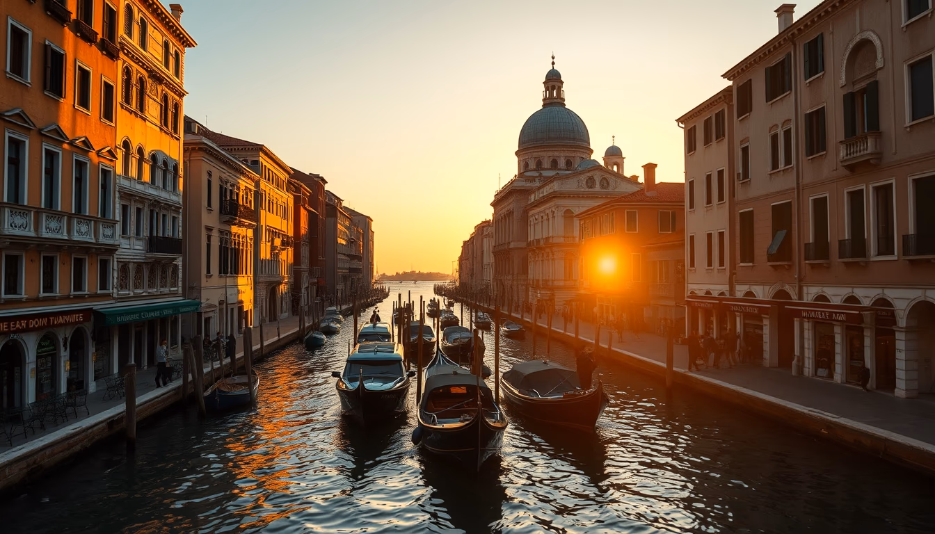 venice canal at golden hour in editorial style