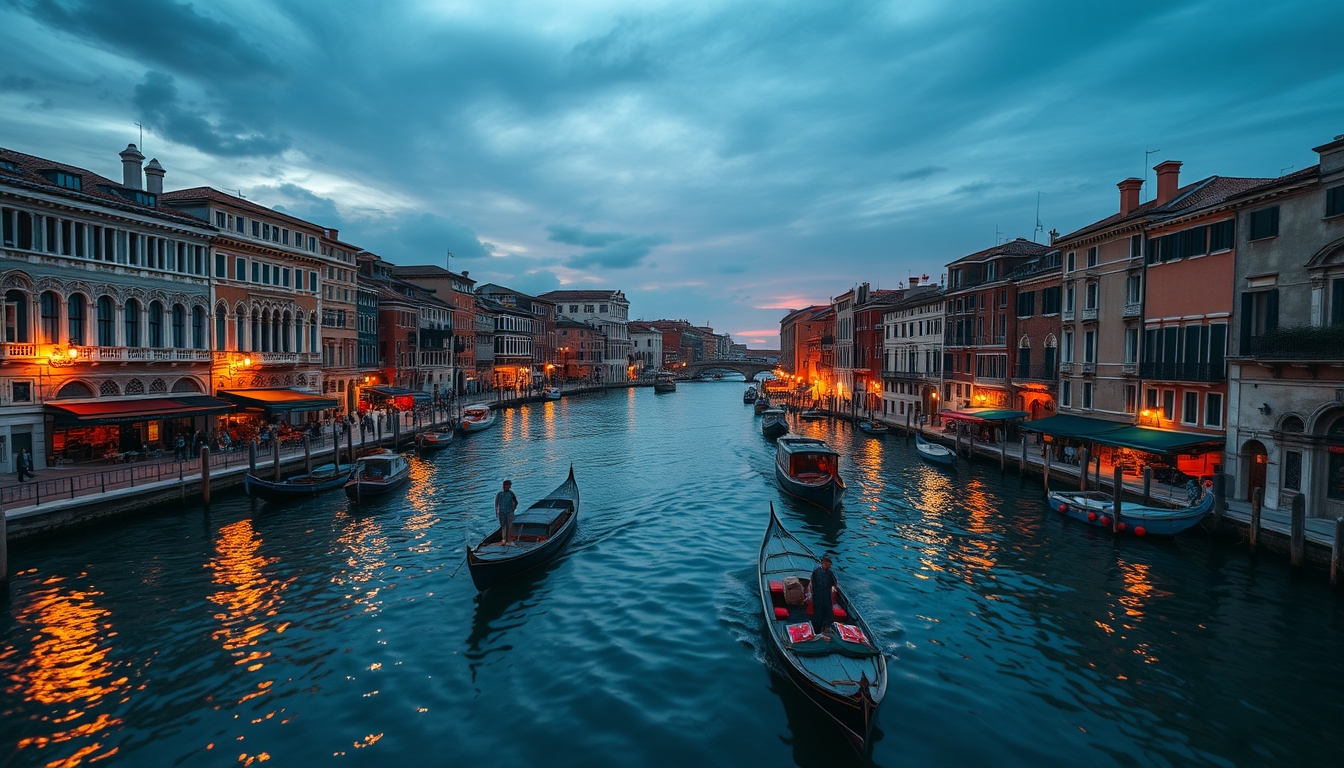 venice canal at golden hour in editorial style
