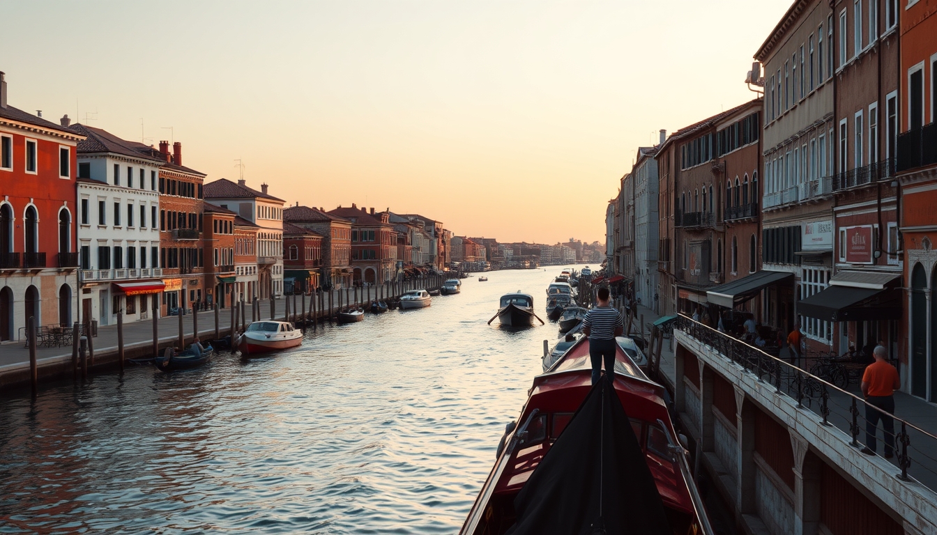venice canal at golden hour in editorial style