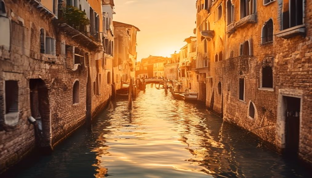 Canal de Veneza at hora dourada em estilo editorial