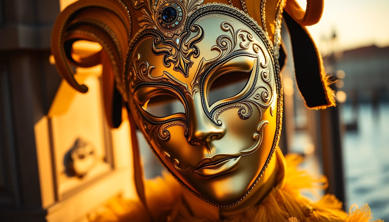 venice carnival mask gold in editorial style