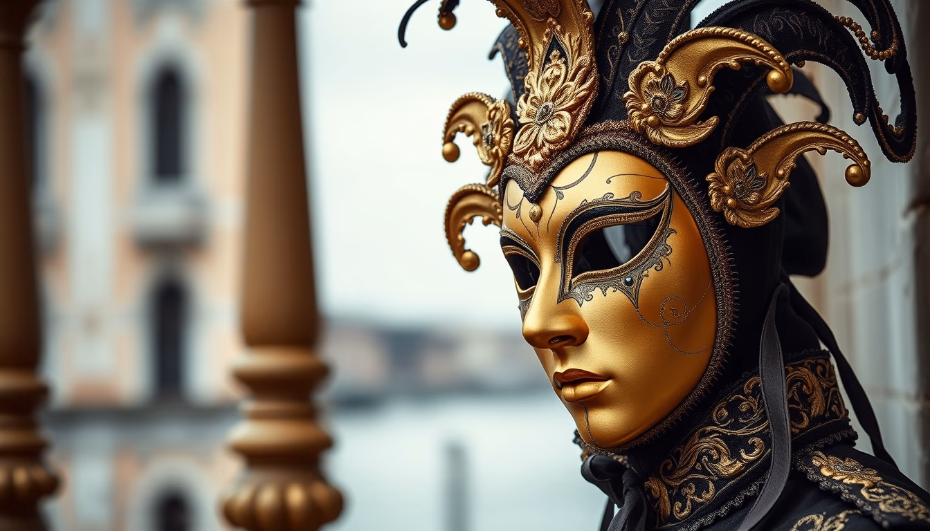 venice carnival mask gold in editorial style