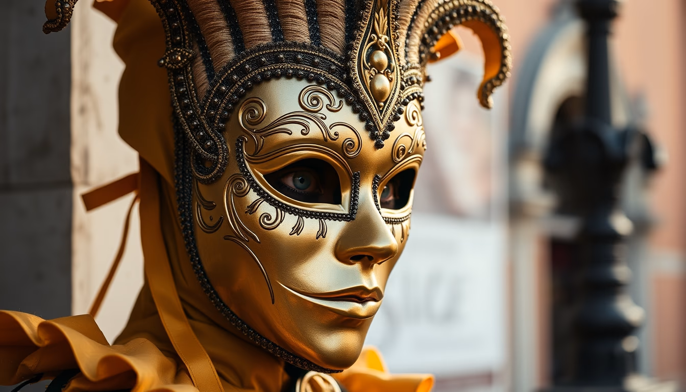 venice carnival mask gold in editorial style