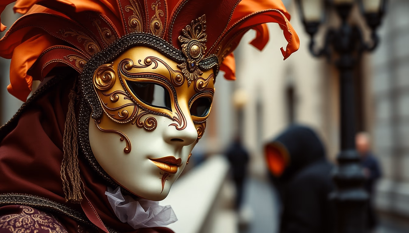 venice carnival mask gold in editorial style