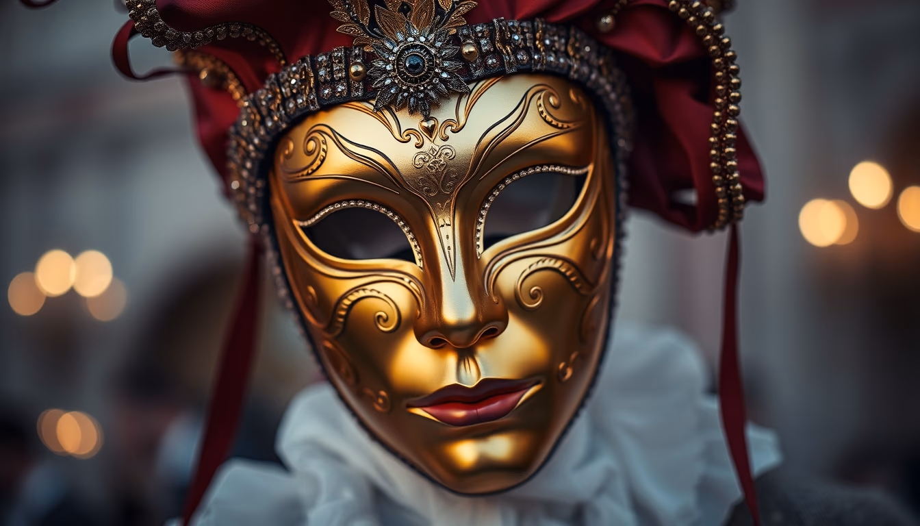 venice carnival mask gold in editorial style