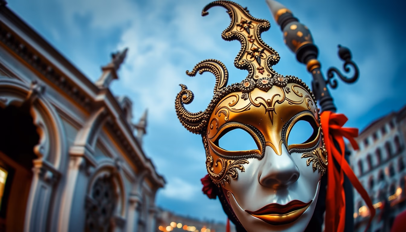 venice carnival mask gold in editorial style