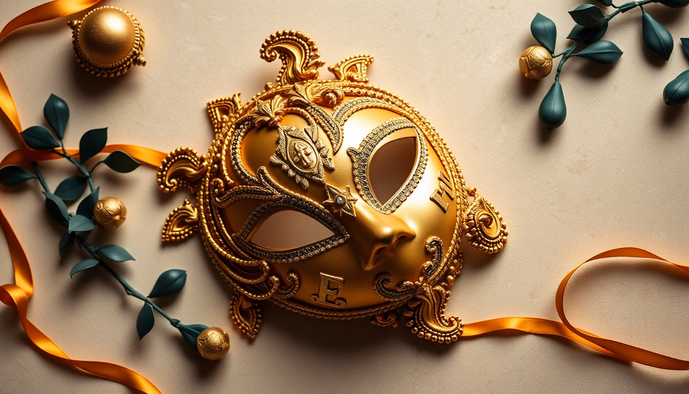 venice carnival mask gold in editorial style