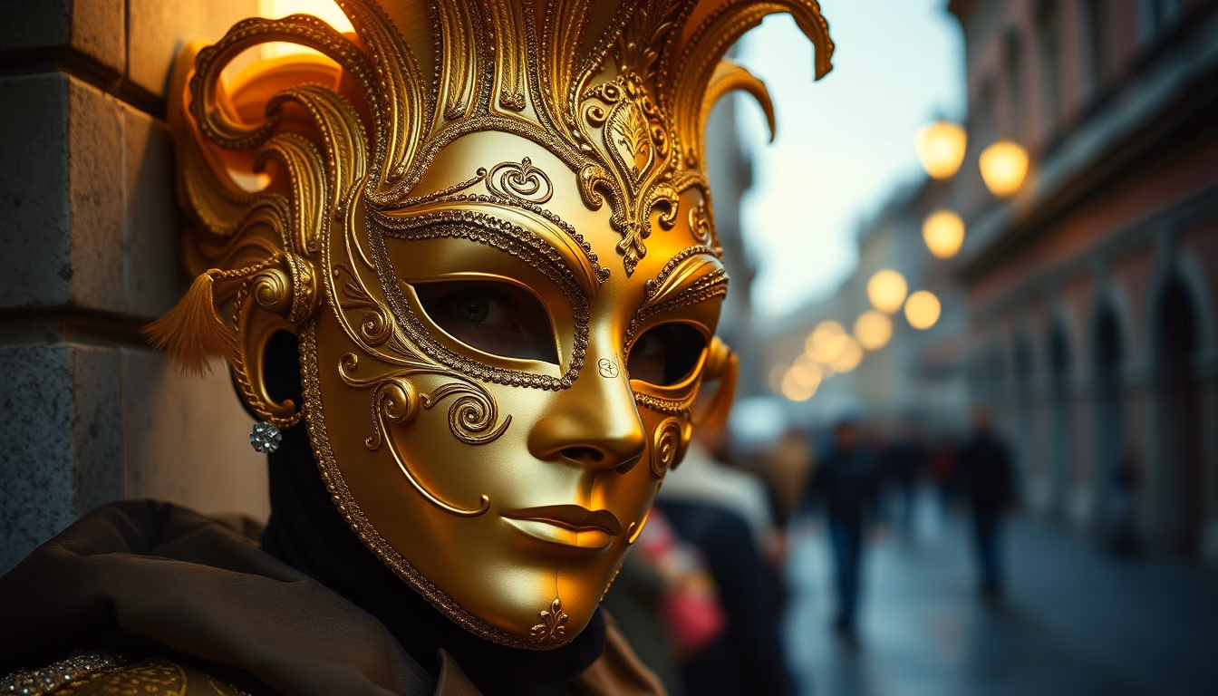 venice carnival mask gold in editorial style