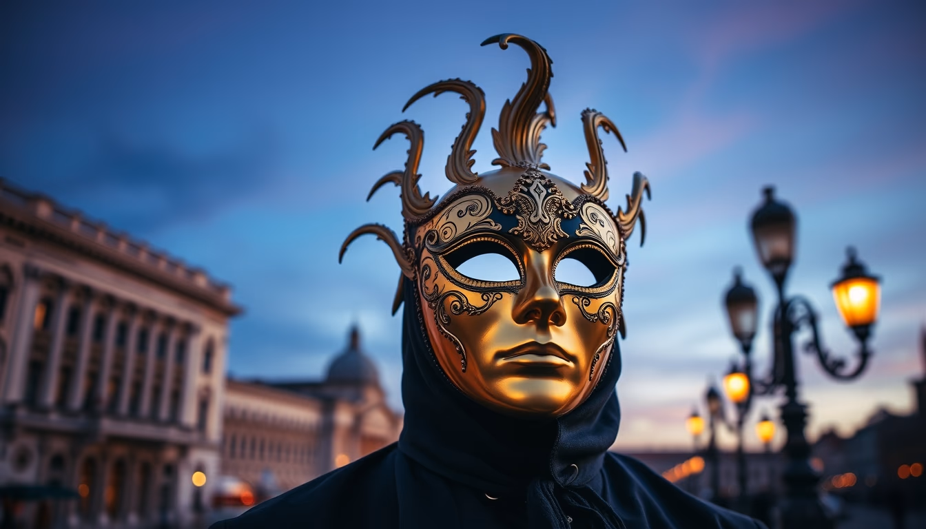 venice carnival mask gold in editorial style