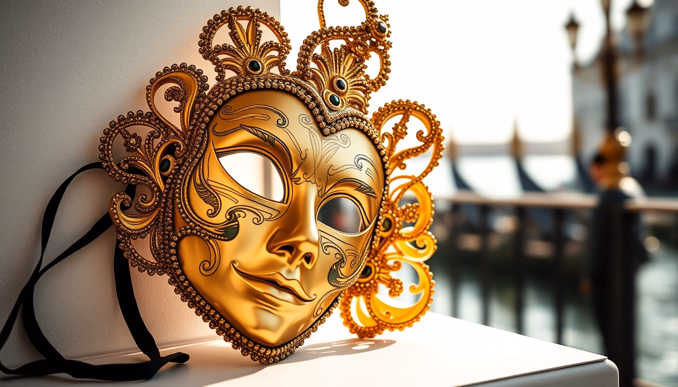 venice carnival mask gold in editorial style