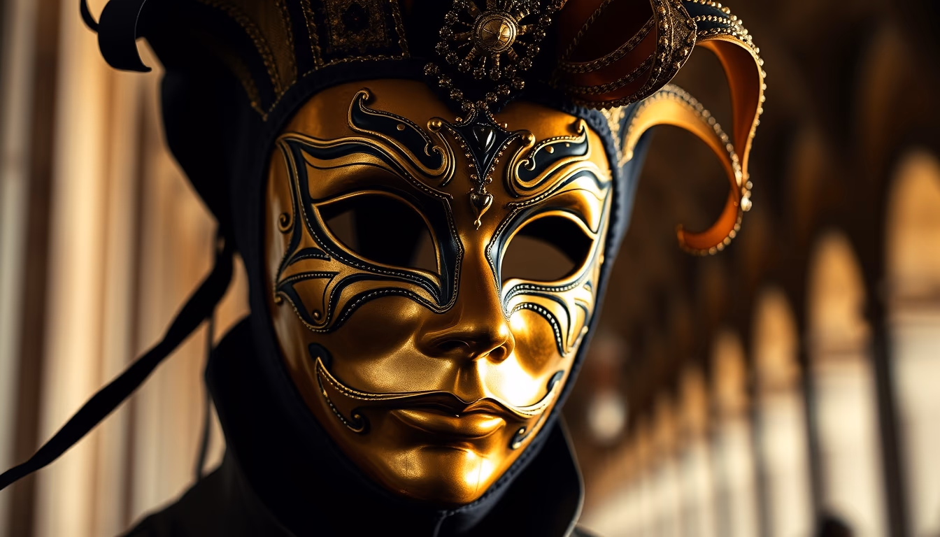 venice carnival mask gold in editorial style