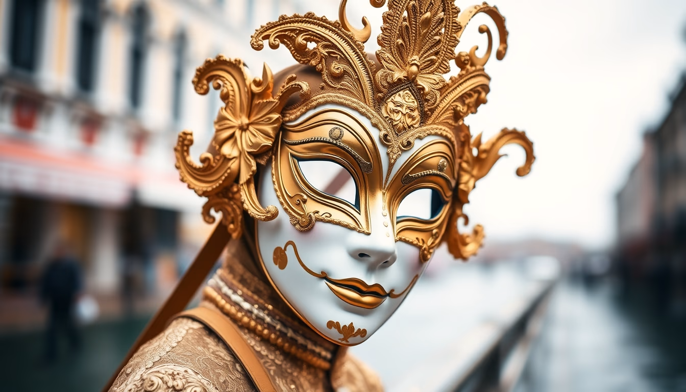 venice carnival mask gold in editorial style