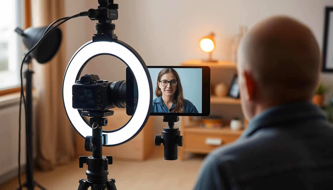 video call setup ring light in editorial style