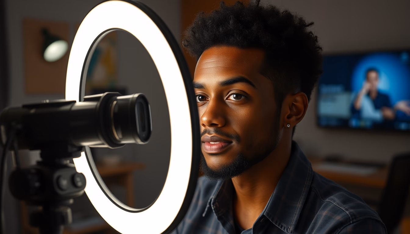 video call setup ring light in editorial style