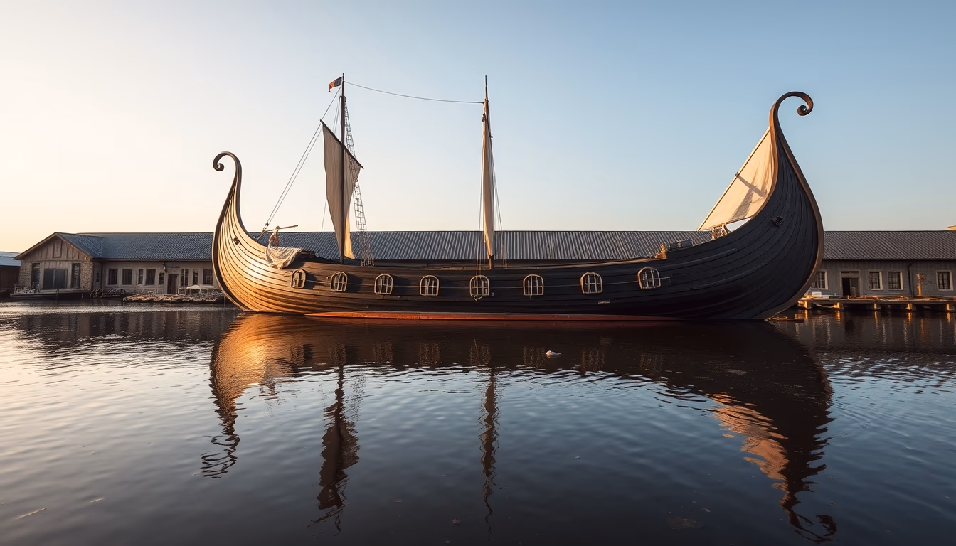 viking longship replica in editorial style