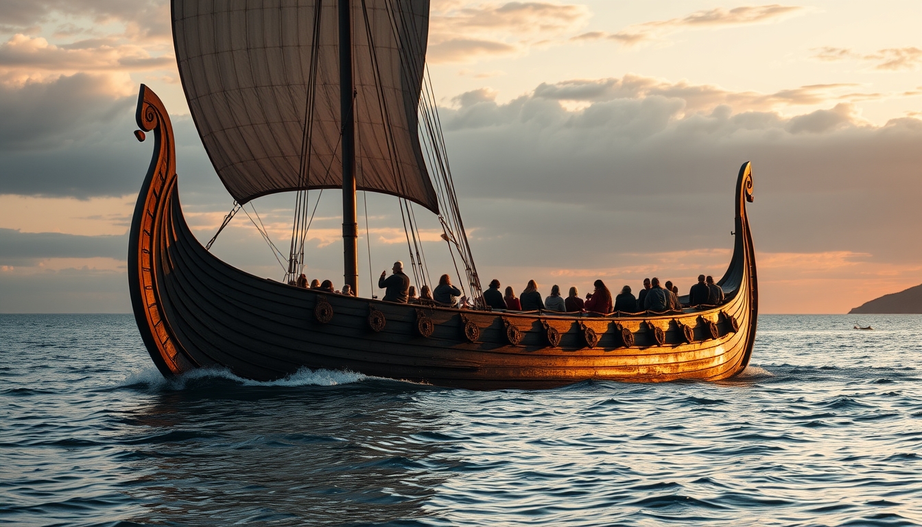 viking longship replica in editorial style