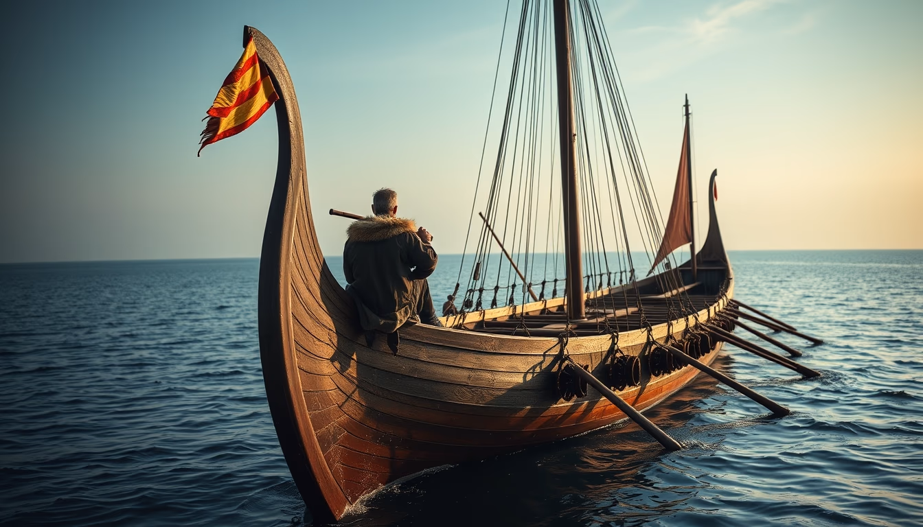 viking longship replica in editorial style