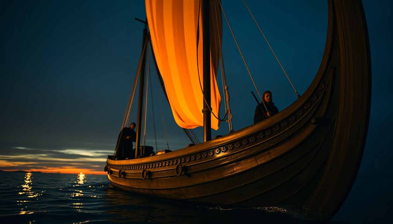 viking longship replica in editorial style