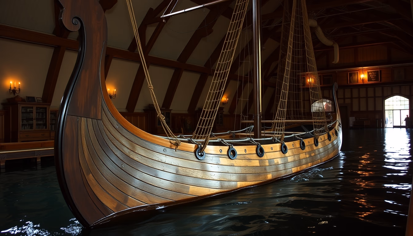 viking longship replica in editorial style
