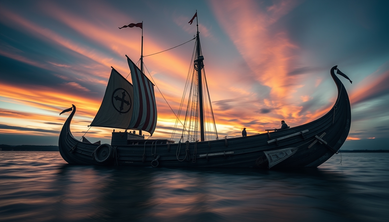 viking longship replica in editorial style