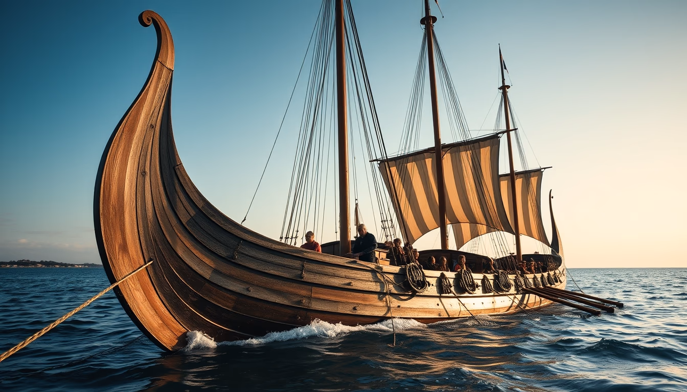 viking longship replica in editorial style