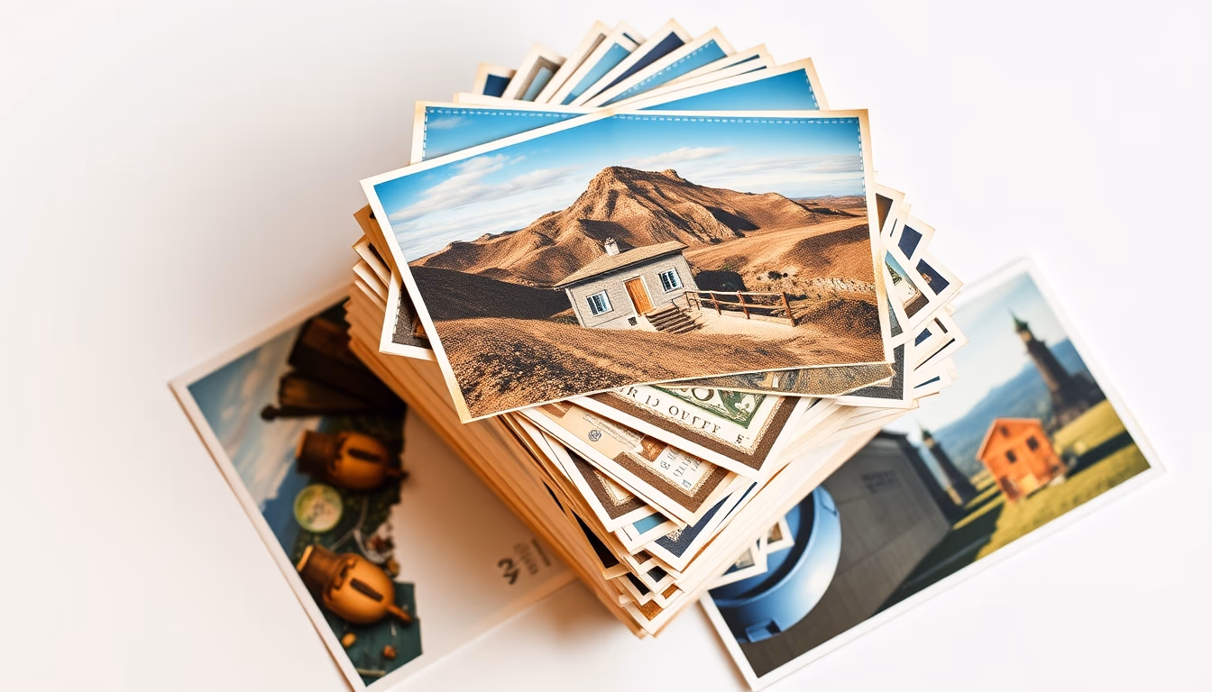 vintage postcards stack in editorial style