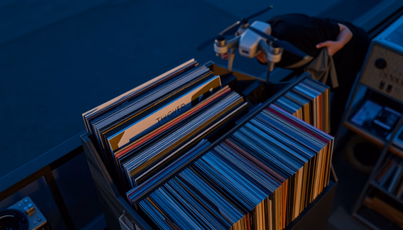 vinyl record collection rack in editorial style