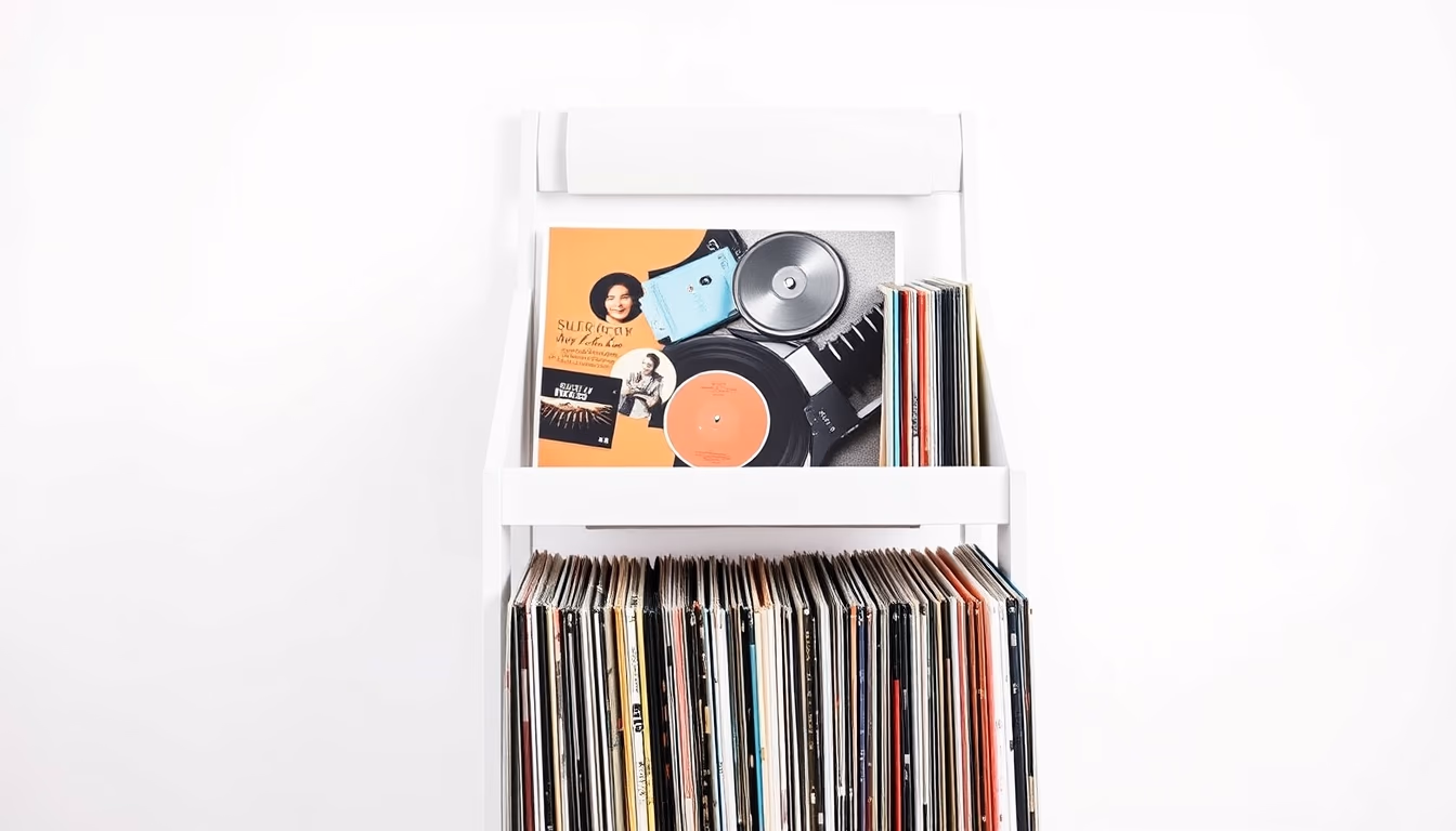 vinyl record collection rack in editorial style