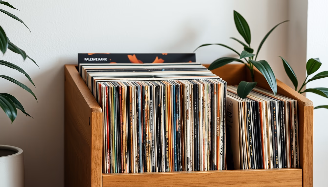 vinyl record collection rack in editorial style