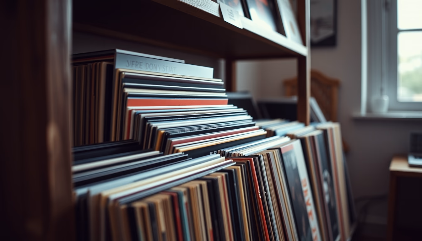 vinyl record collection rack in editorial style