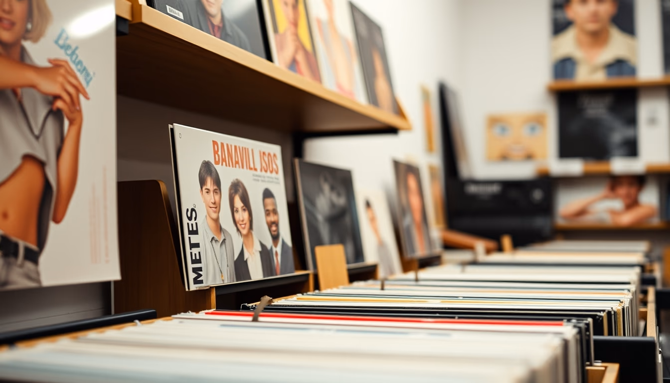 vinyl record collection rack in editorial style