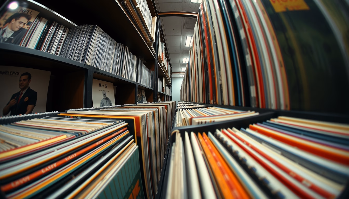 vinyl record collection rack in editorial style