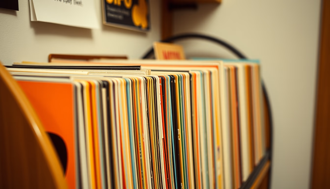 vinyl record collection rack in editorial style