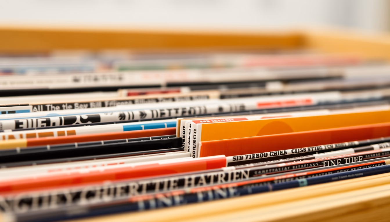 vinyl record collection rack in editorial style