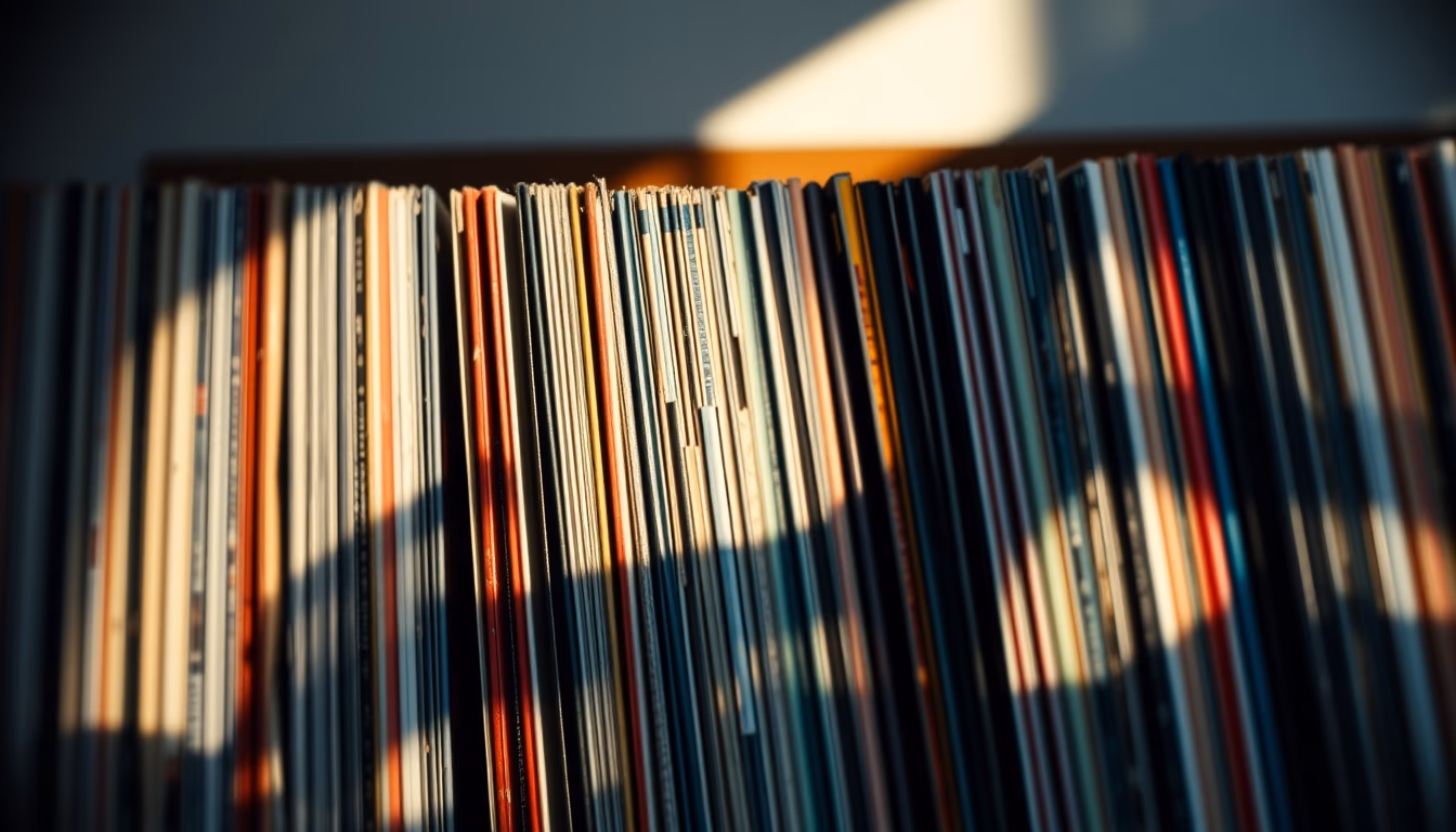 vinyl record collection rack in editorial style