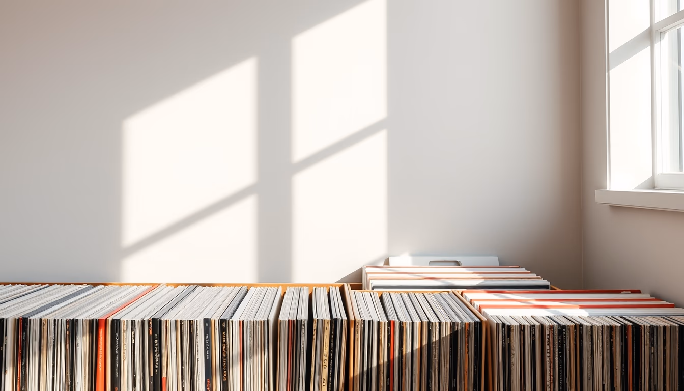 vinyl record collection rack in editorial style