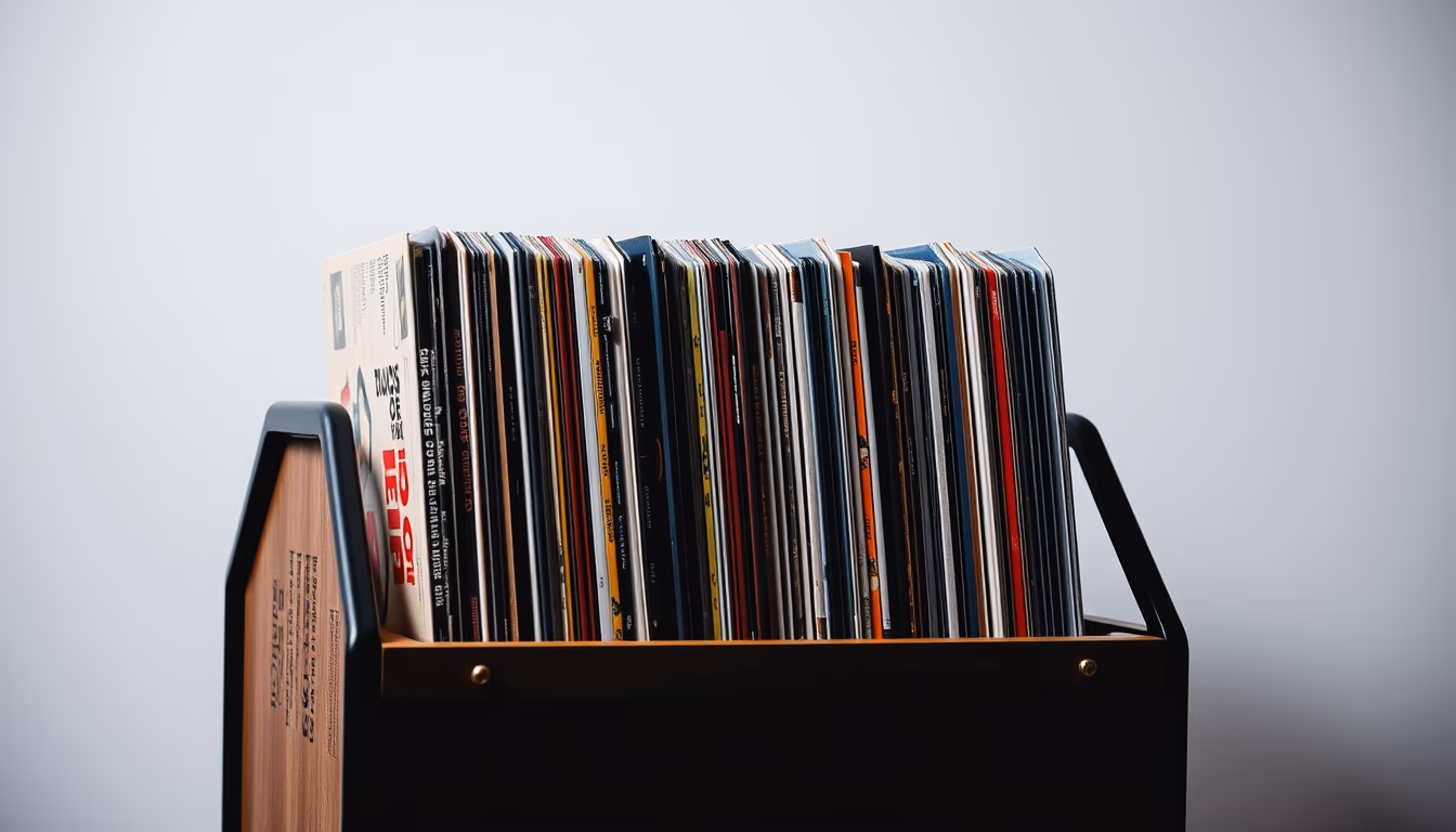 vinyl record collection rack in editorial style