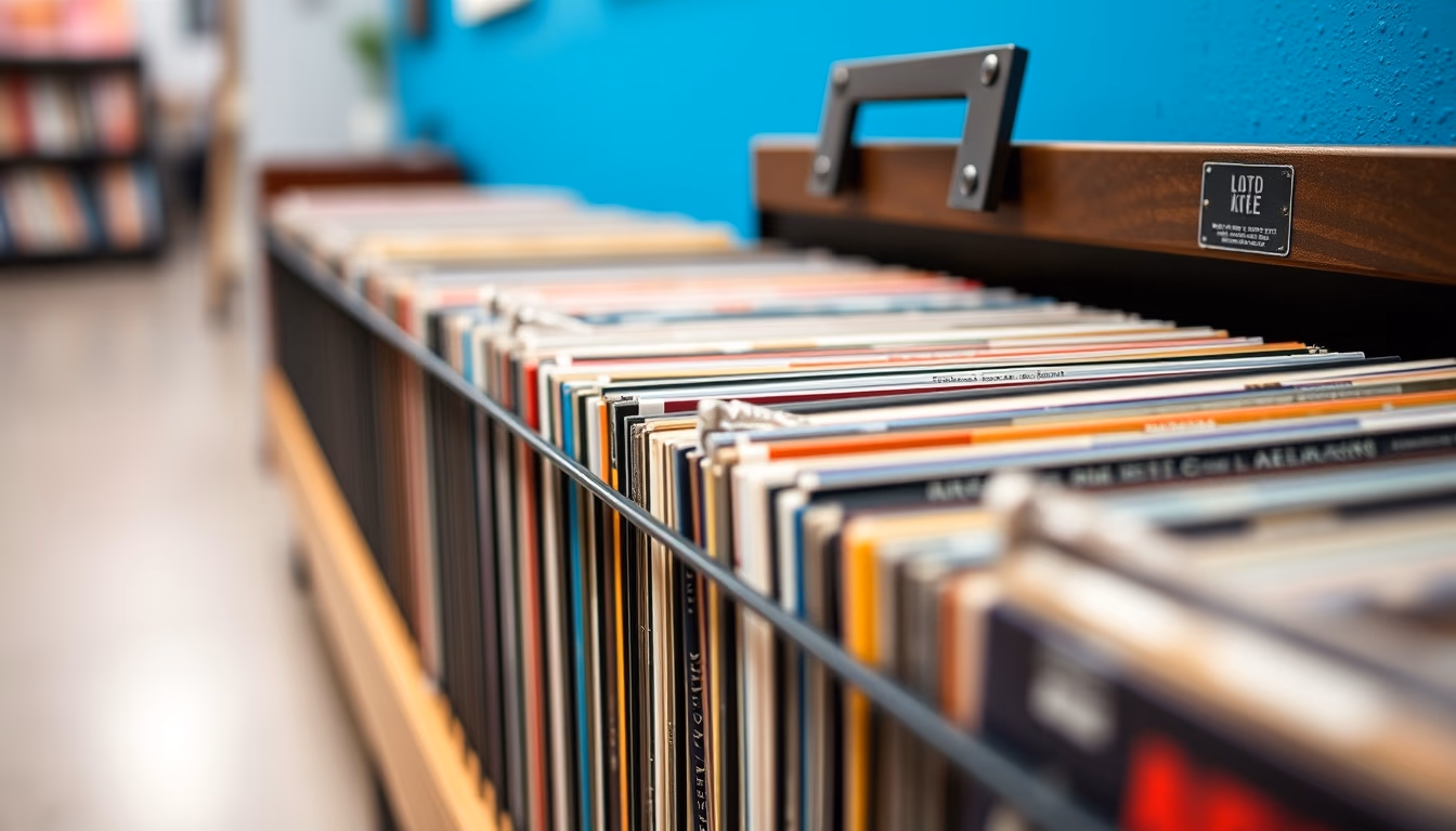 vinyl record collection rack in editorial style
