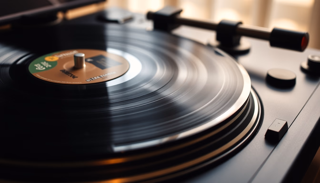 vinyl record on turntable closeup in editorial style
