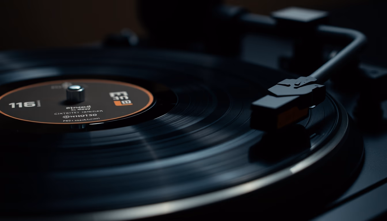vinyl record on turntable closeup in editorial style