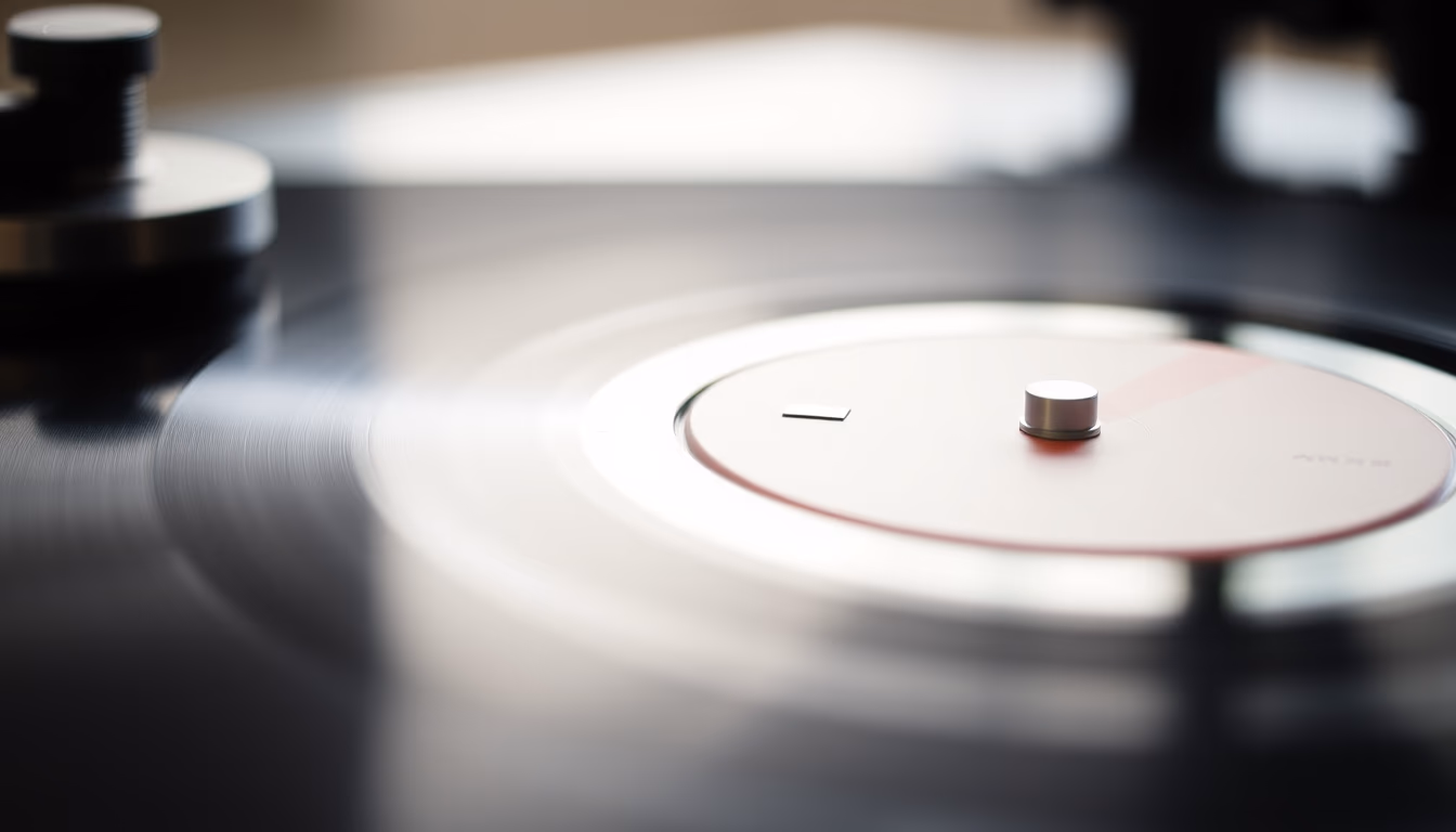 Disco de vinil em toca-discos closeup em estilo editorial