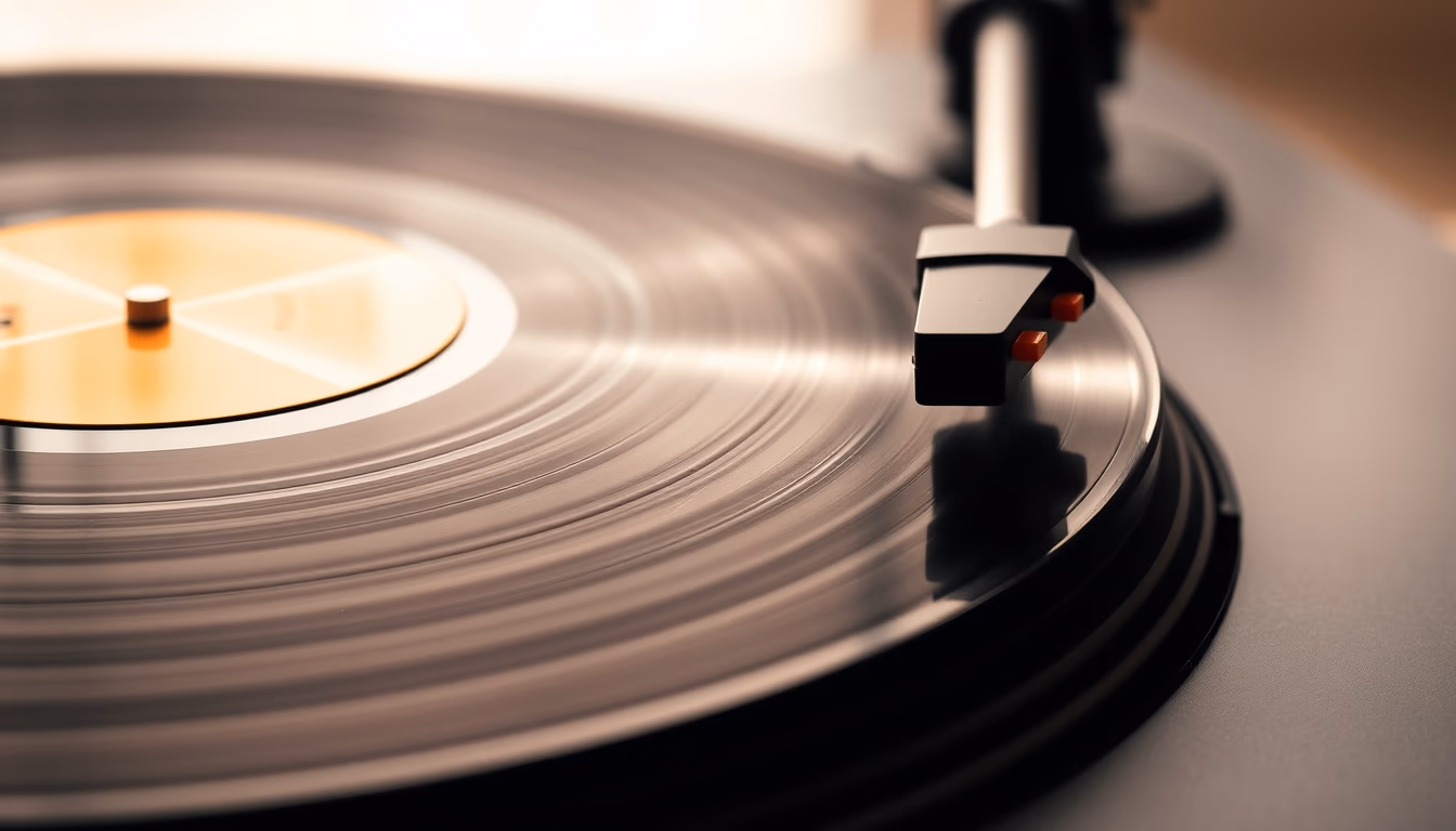 vinyl record on turntable closeup in editorial style