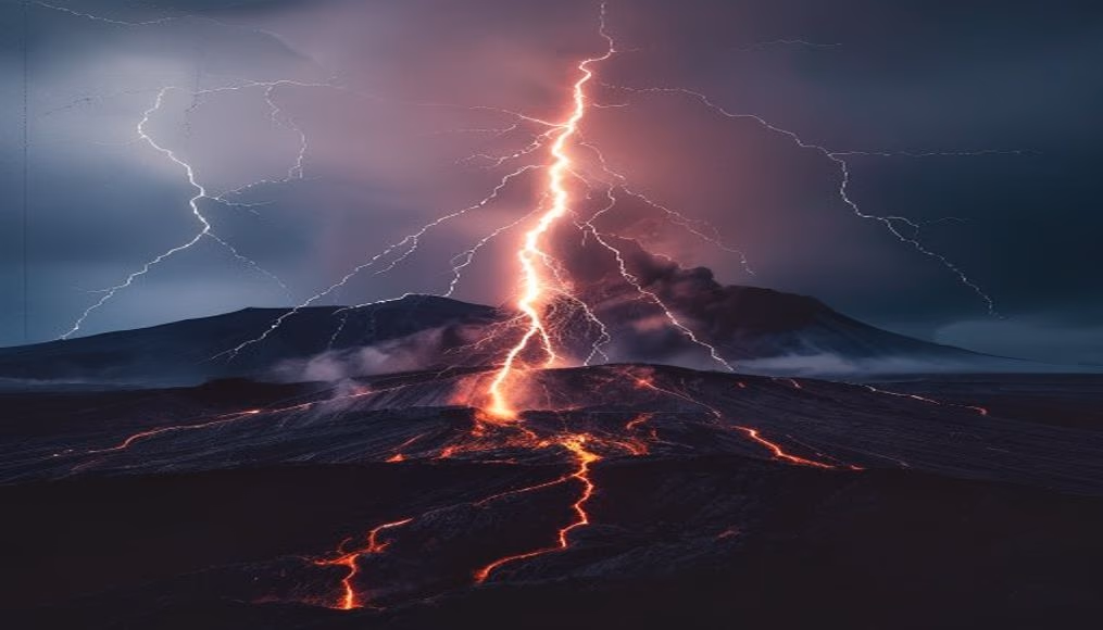 volcanic lightning ash in editorial style